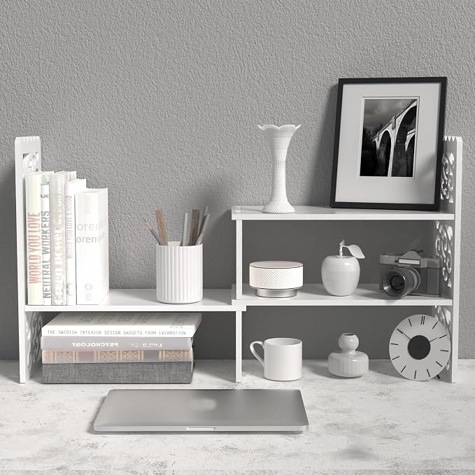 MASAKA B&W - Kawaii Storage Desktop Organizer for Your Desk Space, Double H Plants Display Shelf, Home Office Storage Rack Adjustable Stackable for Office, Dormitory (White*09)
