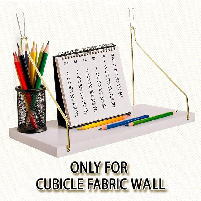 2-Pack Cubicle Shelf For Fabric Walls With Hooks：12x6.0in White Wooden Cubicle Shelf Hanging Gold Bracket Use For Office Cubicle Accessories For Office Stylish Cubicle Decorations For Women Desk