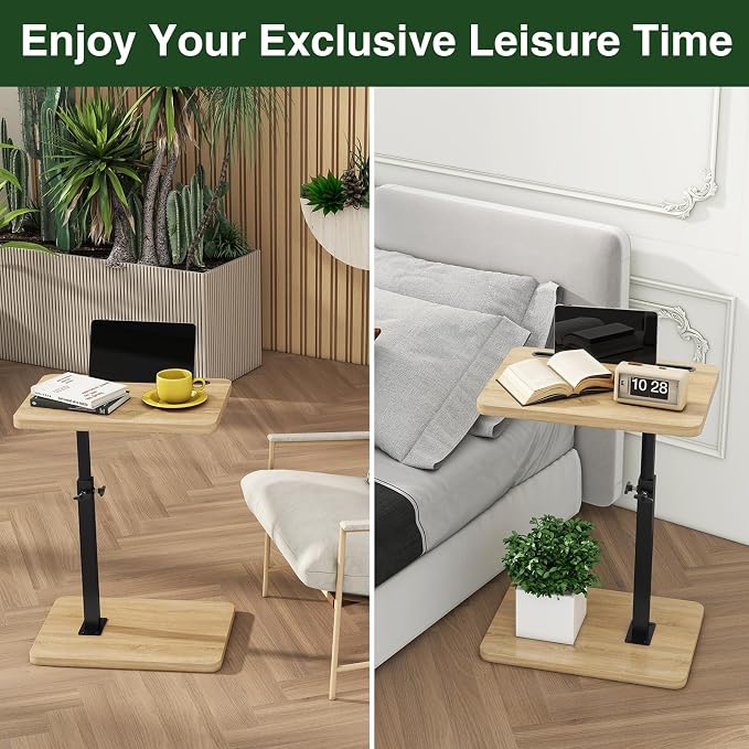 IBUYKE C Shaped Side Table, 360° Swivel Height Adjustable End Table for Small Spaces, with Phone & Tablet Slot, Modern Small Coffee Snack Table for Sofa/Bed, Natural UTVT003R