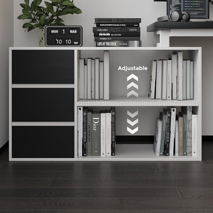 Mekminop L Shape Small Desk - Computer Corner Desk with 3 Drawers and 2 Shelves, 53 inch Home Office Table with Storage Cabinet for Gaming Writing Study, White+Black