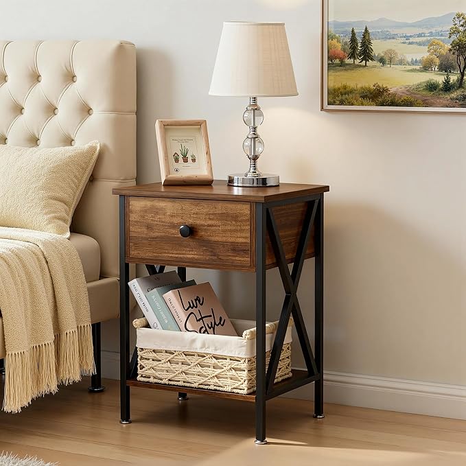 VECELO Night Stand with Drawer, 2 Tiers Storage Shelves End Table, Small Side Table for Small Spaces,Night Stand for Living Room, Bedroom,Brown