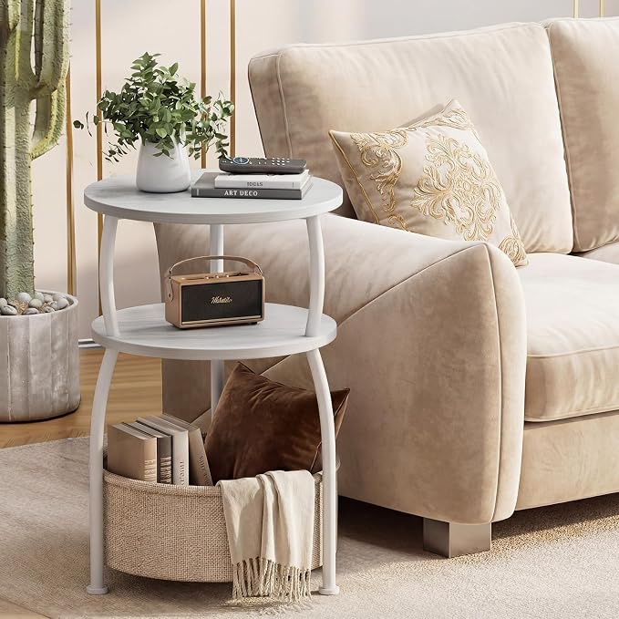 Round Side Table with Fabric Basket, Small Space Saving End Table 3-Tier Bedside Corner Table for Living Room, Bedroom, Garde Rustic Matte White 15.75in