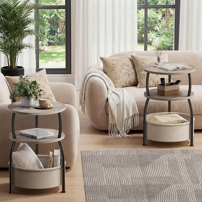 Small Side Table with Storage, 15.75in Round End Table with Basket, USB Port and Outlet, 3 Tiers Sofa Couch Table Bedside Table for Living Room Bedroom, Small Spaces, Greuge