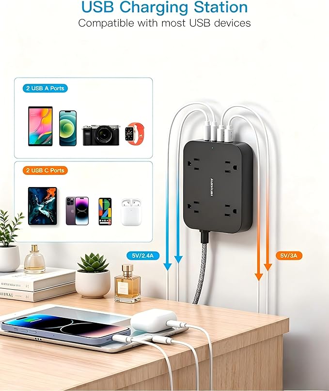 10 Ft Braided Extension Cord with Ultra-Thin Flat Plug, 4 Widely Spaced Outlets & 4 USB Ports (2 USB C), Non-Surge Protector Power Strip for Cruise Ship, Travel Essentials, Home Office, Black