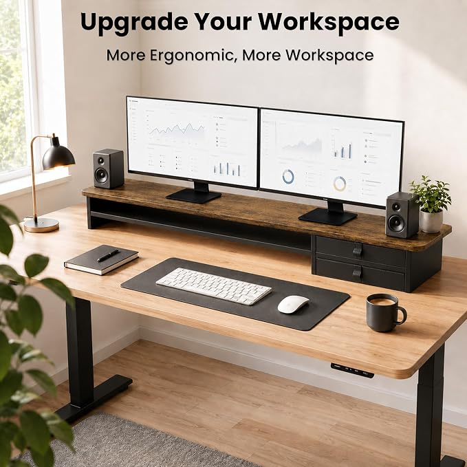 Dual Monitor Stand, 42.5 Inch Wood Monitor Riser with Drawers, 2 Tier Desktop Organizer for Computer Laptop TV, Large Screen Stand for Home Office Desk