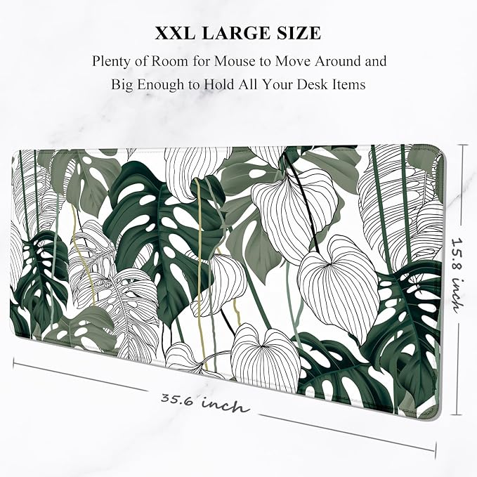 Auhoahsil Desk Mouse Pad, Large Gaming Mousepad, XXL Desk Pad, Extended Long Superior Micro-Weave Cloth Non-Slip Rubber Big Computer Mouse Mat for Gamer, Office & Home, 35" x 15", Abstract Monstera