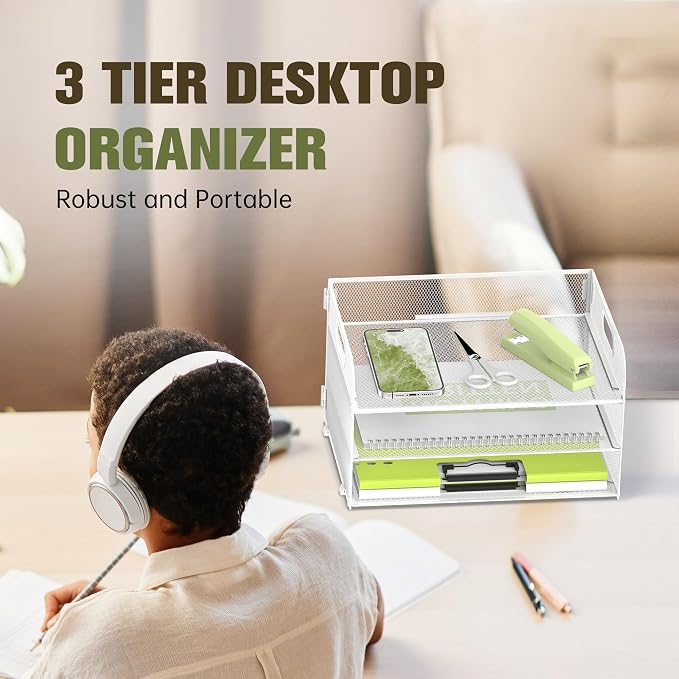 DALTACK 3 Tier Paper Organizer with Handle, Mesh Metal Desk Organizer with Sliding Paper Trays for Letter/A4 Paper, Mail, Bills & Folders, White