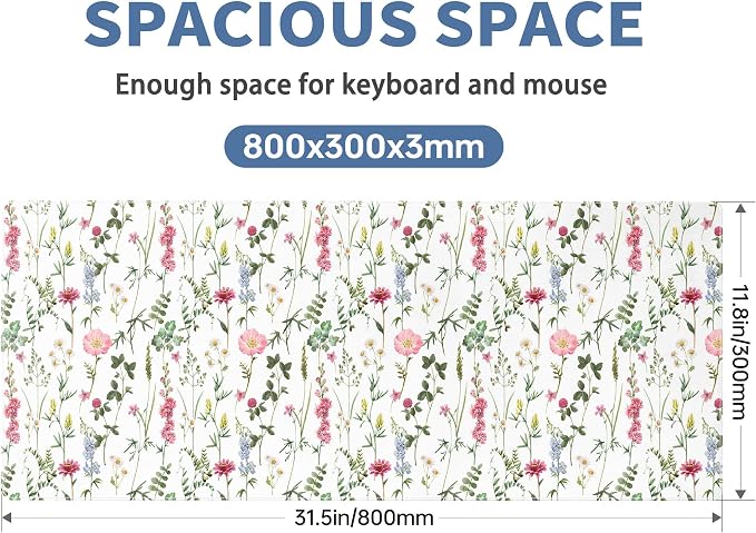 White Kawaii Flower Mouse Pad Large Desk Mat Extended Keyboard Mouse Pad Cute Mousepad with Non-Slip Base and Stitched Edge Floral Mouse Mat Desk Pad 31.5 x 11.8 Mouse Pads for Desk Home Office Gaming