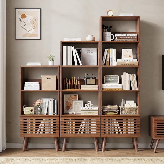 Furnify Small Narrow Corner Bookcase, 55" H Mid Century Modern Bookshelf with Slatted Door, 4 Cube Bookcase with Open Shelf, Display Storage Cabinet for Living Room, Home Office, Walnut