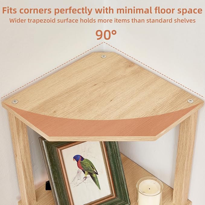 YUFAM 3-Tier Corner Shelf with Sturdy 5-Leg Base, Wooden Corner Bookshelf for Small Spaces, Small Corner Table for Living Room, Bedroom, Bathroom, Natural