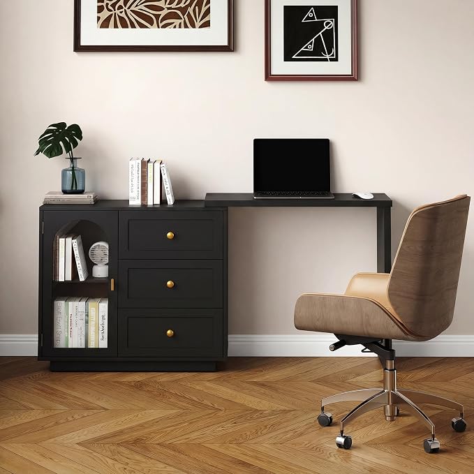 FansaFurn 59" L-Shaped Vanity Table with 3 Drawers & 1 Door, Extendable Makeup Vanity Desk, Modern Dressing Table for Bedroom, Dressing Room, Black