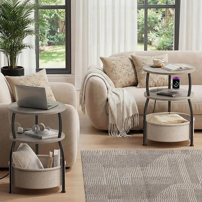 Round Side Table with Power Outlets and Type-C Port, USB Port Small Coffee Table with Basket, Space Saving End Table 3-Tier Bedside Corner Table Stand for Living Room, Bedroom, Garden 15.75in