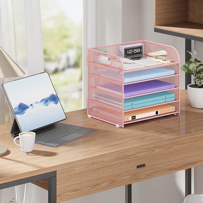 Cawukege 5 Tier Paper Organizer with Handle, Pink Metal Mesh Desk Organizer File Folder Paper Letter Tray Desktop Document Sorter for Classroom, School, Office Accessories Organization and Storage