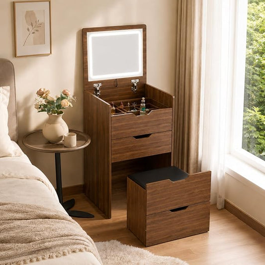 Small Vanity with Mirror and Lights for Small Space, 3-in-1 Compact Makeup Vanity Desk with Storage, Flip Top Vanity Table with Hidden Stool, 3 Color Mode, Drawers & Jewelry Organizer, Mini Vanity Set