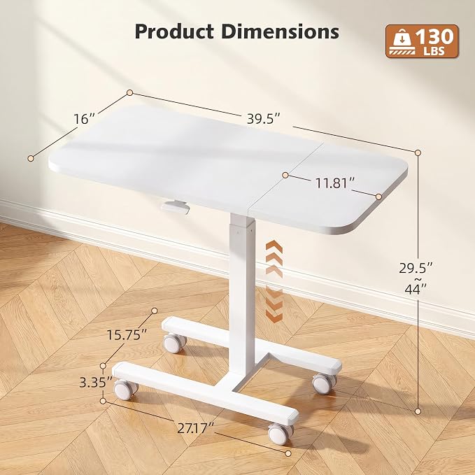 Homkdom C Shaped Table with Wheels, Side End Table with Extended Desktop, Adjustable Rolling Desk for Small Space, Dorm, Height Adjustment (29.5"-44"), White
