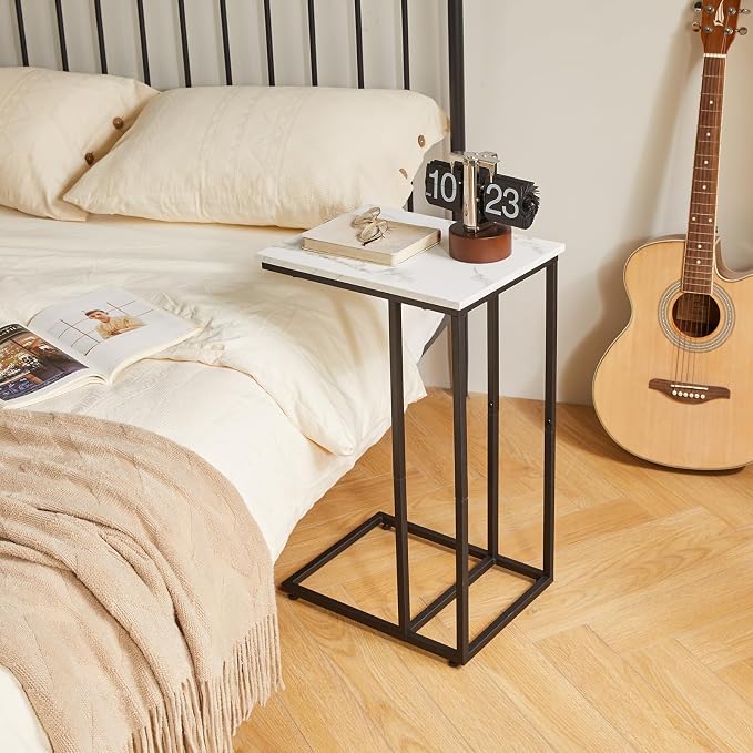 Aibiju Side Table Small End Table C Shaped, Slide Under Laptop Desk for Couch, Living Room Side Table, TV Trays for Eating on Couch, Faux Marble+Black YD-TM051B