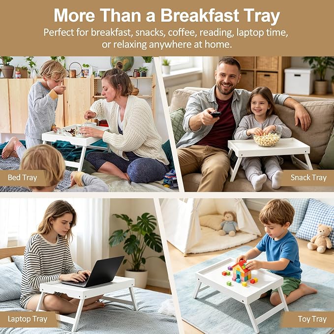 Breakfast Tray with Folding Legs Set of 2, Bamboo Bed Tray Table 15.7" Foldable TV Dinner Tray with Ergonomic Wave Handles for Bed Couch Sofa, Breakfast, Snacks, Coffee, White