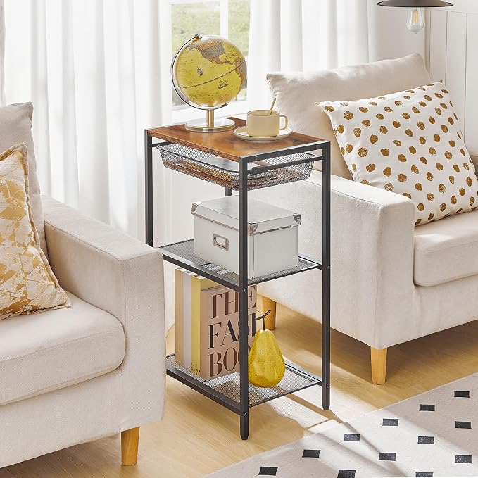 HOOBRO 28.7 Inch Tall Side Table, 3-Tier Industrial Telephone End Table with Adjustable Metal Mesh Basket, Desk Side Table with Storage Shelves, for Living Room, Bedroom, Rustic Brown BF06DH01