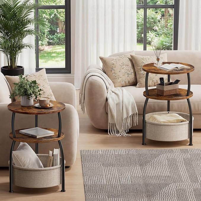Round Side Table with Storage Basket, 15.75in Small Space Saving End Table 3-Tier Bedside Corner Table for Living Room, Bedroom, Garden, Sofa Side Table