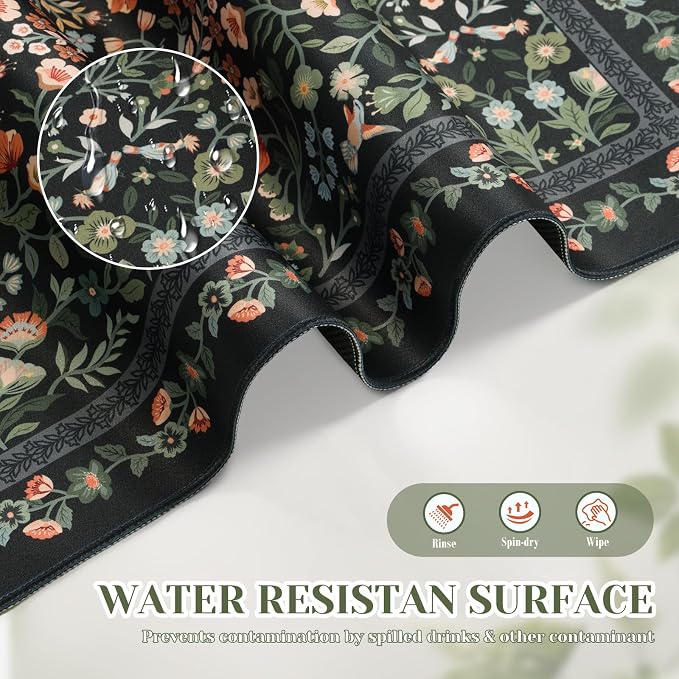 iCasso Aesthetic Floral Desk Mat, L Mouse Pads, Anti-Slip Retro Mousepad with Stitched Edges, Waterproof Computer Pad 11.8"x31.5",Desk Accessories Office Decor for Women(Black)