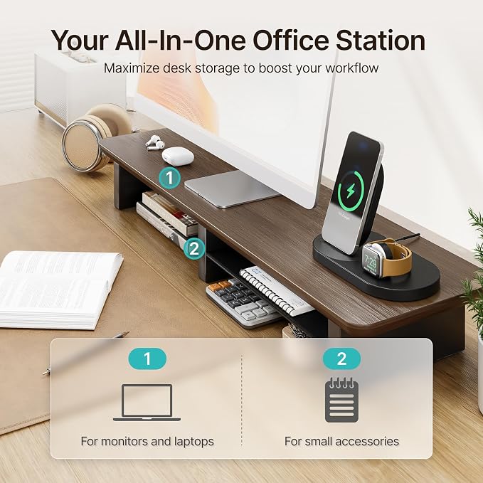 PEGZONE Dual Monitor Riser with Integrated Metal Shelf, Large Walnut Wooden Desk Shelf for 2 Monitors/TV, Monitor Stand Riser for Desk, Wood Monitor Stand Organizer for Home Office，Wide 31.5"