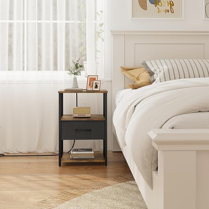 TUTOTAK Nightstand Set of 2, Night Stand with Charging Station, End Table, Bedside Table with Fabric Drawer, Side Table for Livingroom and Bedroom, Brown TB01BB0692
