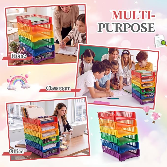 Geetery Set of 12 Plastic Trays for Teachers Turn in Trays Classroom Stackable Paper Tray Plastic Classroom Teachers Desk Letter Organizer Storage Baskets for Office, Desk, Home (Rainbow Color)