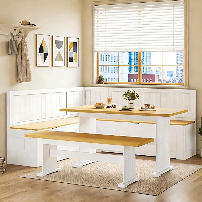 Breakfast Nook Corner Table Set, L-Shaped Corner Dining Set with Hidden Storage Bench, 3 Piece Kitchen Corner Bench Set with Cushion, Flip Top Entryway Bench, Space Saving Reversible, White