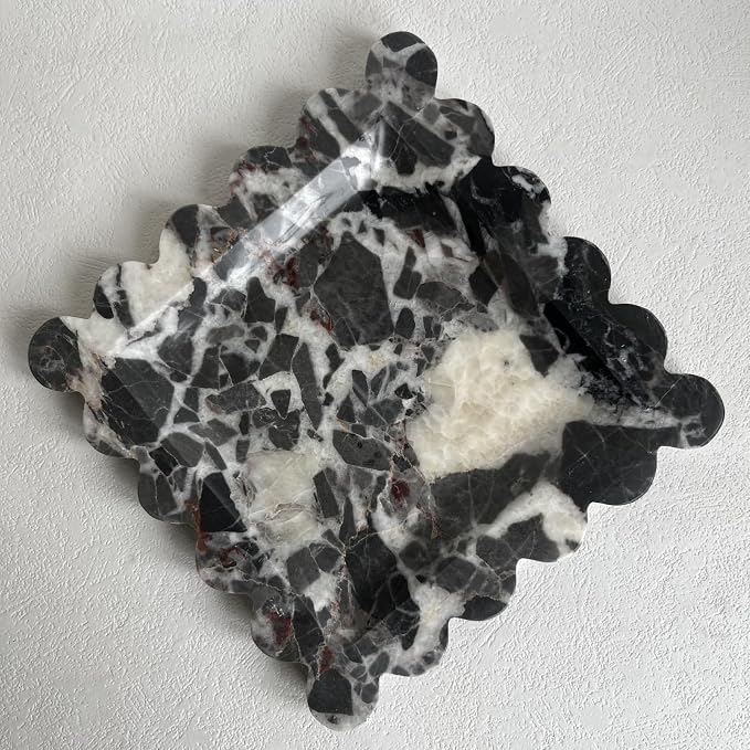 Vintage Natural Marble Tray Small Ornaments Scalloped Tray Handmade Storage Dish for Counter, Vanity, Dresser, Nightstand and Desk (Black White Brown)