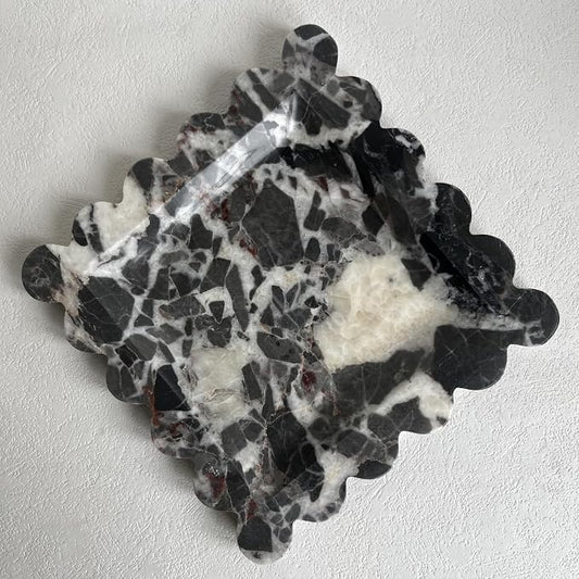 Vintage Natural Marble Tray Small Ornaments Scalloped Tray Handmade Storage Dish for Counter, Vanity, Dresser, Nightstand and Desk (Black White Brown)