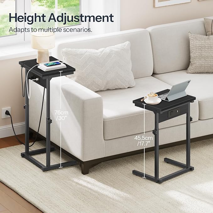 HOOBRO C-Shaped End Table with Charging Station, Adjustable Height Sofa Tray Side Table, Slide Under Couch Arm Table, Small C Side Table for Small Space in Living Room, Bedroom, Black BB71USF01