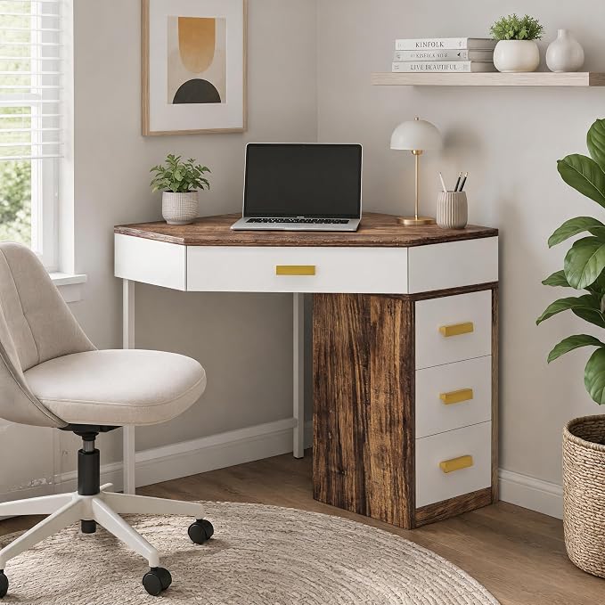 Tribesigns Corner Desk with 4-Drawer Storage,Triangle Computer Desk,Vanity Station,Study Nook for Small Space,Home Office,Bedroom,Living Room (White&Brown)