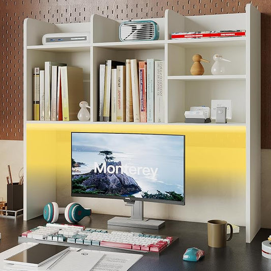 ChooChoo Desktop Bookshelf with Lights, Wood Desk Hutch Organizer with 7 Shelves for Computer Desk, Desktop Shelf Bookshelf Storage for College Dorm Office Home, White