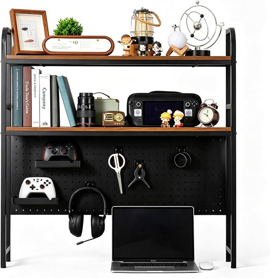 deli Desktop Shelf, Desk Hutch with Grid Panel, Desktop 2-Tier Display Rack, Multipurpose Metal Desktop Bookshelf Storage Organizer, Black