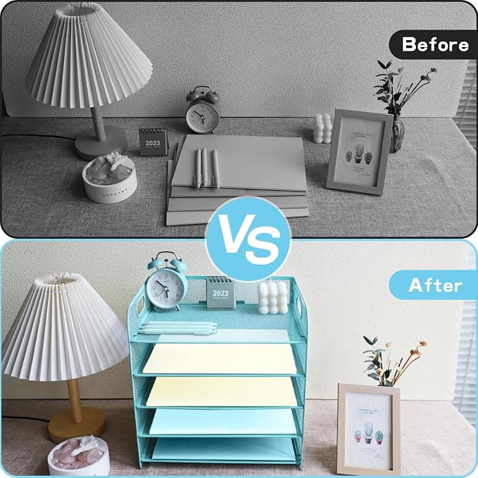 5 Tier Lettrer Tray Organizer with Handle, Metal Mesh Desk File Organizer with Sliding Trays, Paper Sorter Desk for Home Office School, Blue