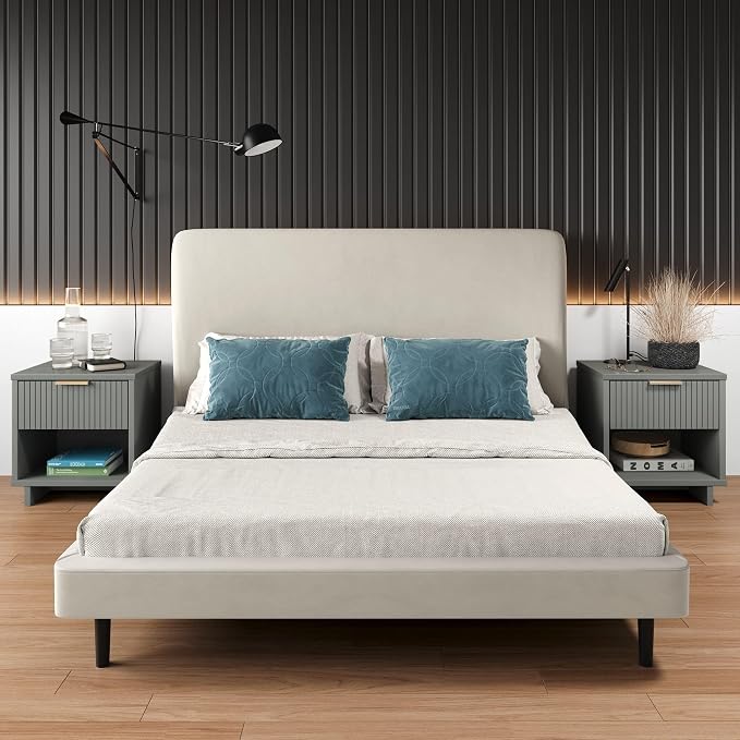Manhattan Comfort Granville Modern Nightstand 1.0 with 1 Full Extension Drawer, Sled Legs, and Gold Accent Metal Handle, Bedside End Table for Bedroom or Living Room in Light Grey