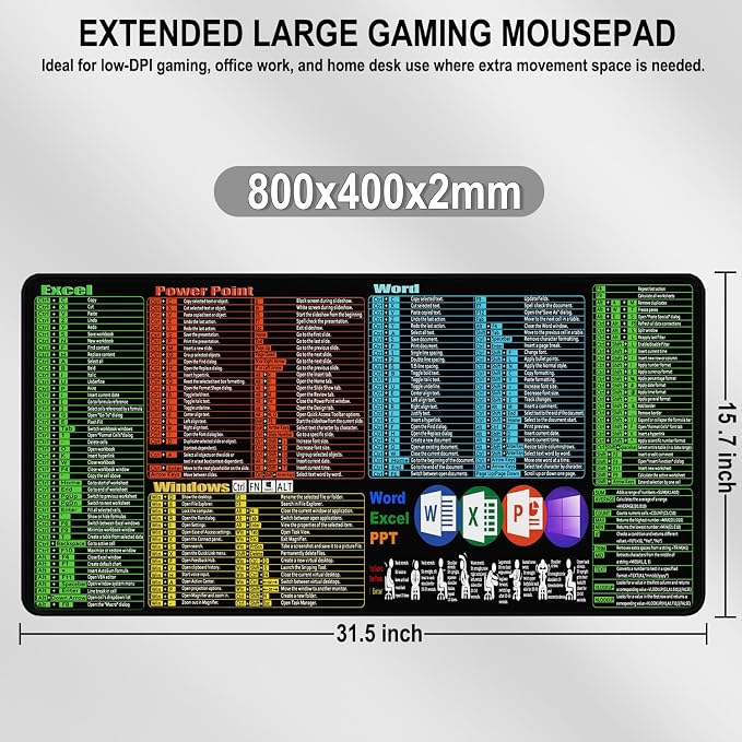 Excel Shortcuts Large Mouse Pad, 31.5 x 15.7 in Gaming Extended Mousepad with Stitched Edge, Non-Slip Rubber Base Water Resist Keyboard Pad for Office Game Home XXL, Word Excel PPT