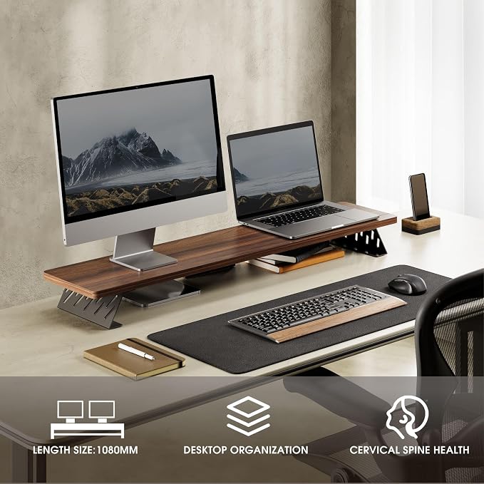 Fenge Dual Monitor Stand Riser, 42.5 Inch Desk Top Shelf for 2 Monitors, Computer Stands for Desk, Wood & Steel Desktop Riser for Laptop, PC, Printer