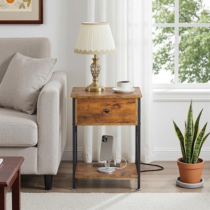VECELO Nightstand Set of 2,End Tables with Charger Station,Bed Side Table with Open Shelf &USB Ports & Outlets,Small Dresser for Bedroom, Living Room,Rustic Brown