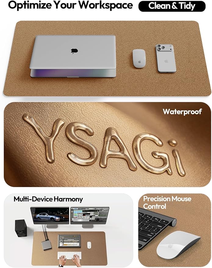 YSAGi Leather Desk Protector, Office Mat, Large Mouse Mat, Non-Slip PU Leather Blotter, Laptop Desk Mat, Waterproof Writing Pad for Office and Home(Shiny Bronze, 63" x 24")