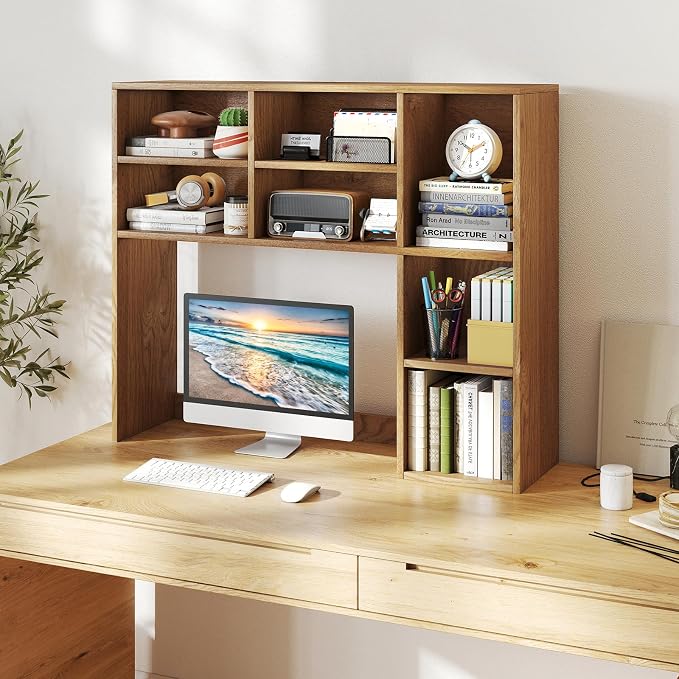 Giantex Desktop Bookshelf, Desk Hutch Dorm w/ 7 Cubes & 3 Adjustable Shelves, Desk Shelf for Up to 27" Computer Monitors, Wooden Desktop Storage Organizer for Dorm College Office Homem, Natural