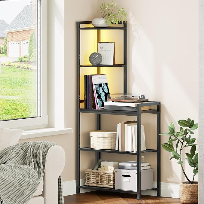 HOOBRO 5-Tier Corner Shelf Stand, Corner Shelf with LED Light, 56.3" Tall Corner Bookshelf, Display Rack Storage Organizer with Table, for Small Spaces, Living Room, Entryway, Black BB69DCJ01