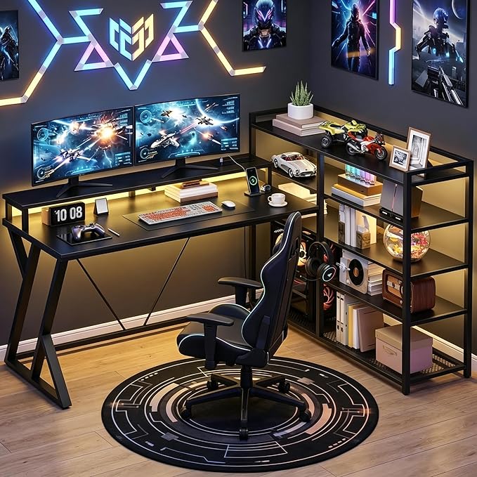 RALGEND L Shaped Gaming Desk with Bookshelf, 52'' Reversible Computer Desk with LED Light & Power Outlet, Corner Desk with Storage Shelves and Monitor Stand for Home Office, Black