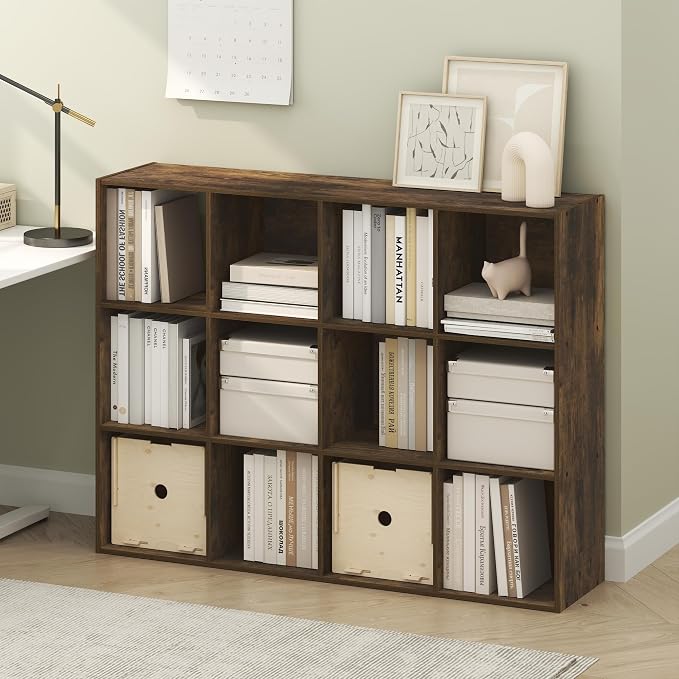 Furinno PELLI Book Shelf, 12-Cube Bookshelf, Cube Storage Organizer Bookcase, 11.7 x 47.6 x 36, for Living Room, Bedroom, Home Office, Amber Pine