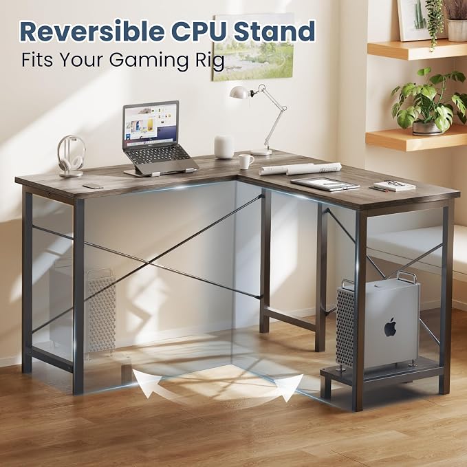 DUMOS L Shaped Desk, Gaming Computer Desks Corner Office Table with CPU Shelf for Home Study Writing Work Station 50 Inch, Sturdy L-Shaped Design, Ideal for PC Setup, Study, and Home Office, Grey