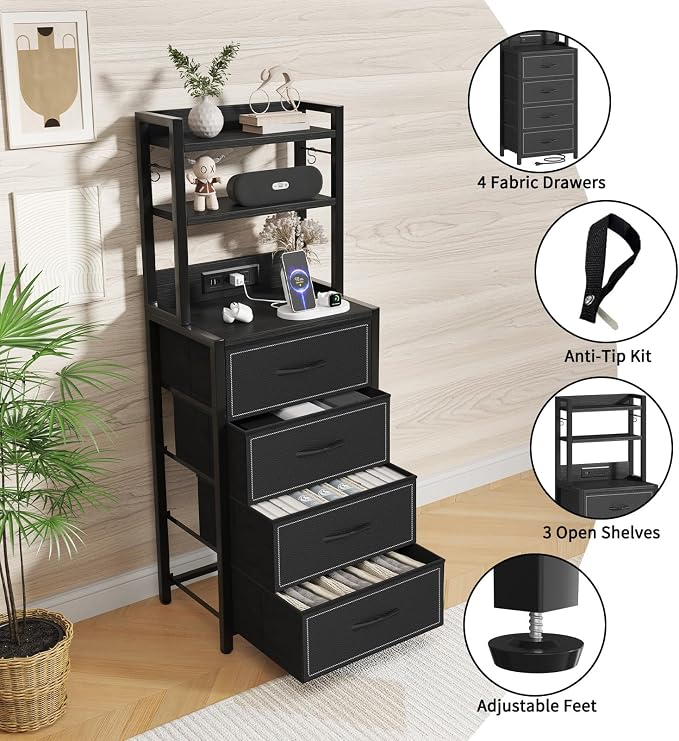 Tall Nightstand with LED Light, LED Night Stand with Charging Station and USB Type C Port, Bedside Table with 4 Fabric Drawers for Bedroom, Dorm, Office (Black)