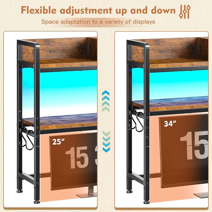 REIBII 45.2" Desk Shelf with LED Lights and Hooks,2-Tier Adjustable Multipurpose Solid Wood Desk Hutch Dorm,Desktop Organizer Rack with 3 Display Rack for Dorm,Office Home,Rustic Brown