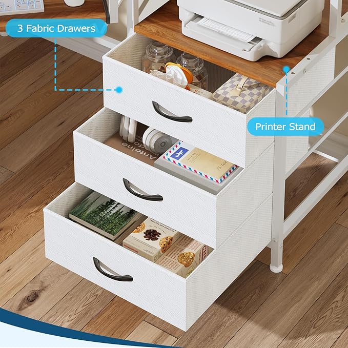 YOMILUVE Small Corner Desk with Drawers, Corner Gaming Desk with Power Outlets & Printer Shelf for Small Space, Triangle Computer Desk with LED Lights, Keyboard Tray and Monitor Stand, Brown and White