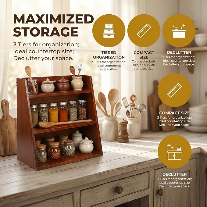 DECHOUS 3 Tier Vintage Display Shelf: Small Wooden Desktop Organizer Multi Layer Storage - Freestanding or Wall Hanging for Home Office Desk Crystals Stone Essential Oils Storage - 12x6.5x13 Inch