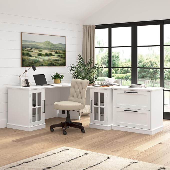 Bush Home Westbrook 42W Computer Desk Return with Storage in Ash White | Farmhouse Desk for Home Office Workspace